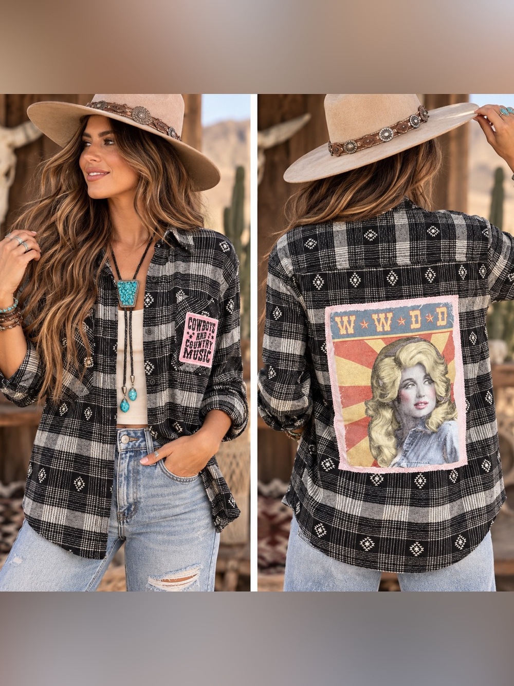 Custom by Tay: Black & White Plaid Button-Up Jacket with Patch and Dolly Parton
